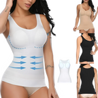 Woman wearing seamless white slimming body shaper tank top on the beach, showcasing tummy control shapewear with smooth fit and sculpting design