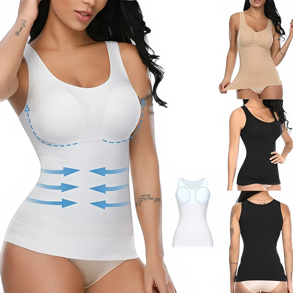 Woman wearing seamless white slimming body shaper tank top on the beach, showcasing tummy control shapewear with smooth fit and sculpting design