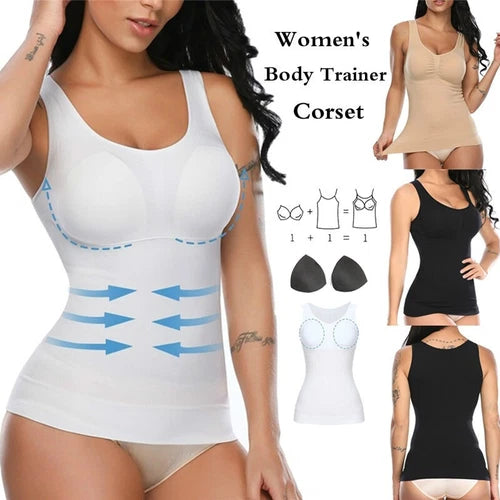 Woman wearing seamless white slimming body shaper tank top on the beach, showcasing tummy control shapewear with smooth fit and sculpting design