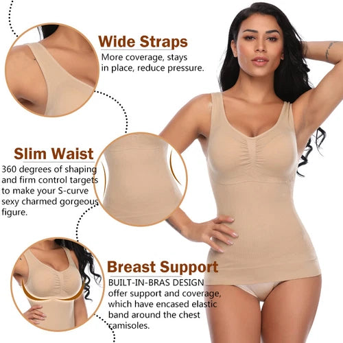s-Woman wearing seamless white slimming body shaper tank top on the beach, showcasing tummy control shapewear with smooth fit and sculpting design