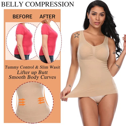 Woman wearing seamless white slimming body shaper tank top on the beach, showcasing tummy control shapewear with smooth fit and sculpting design